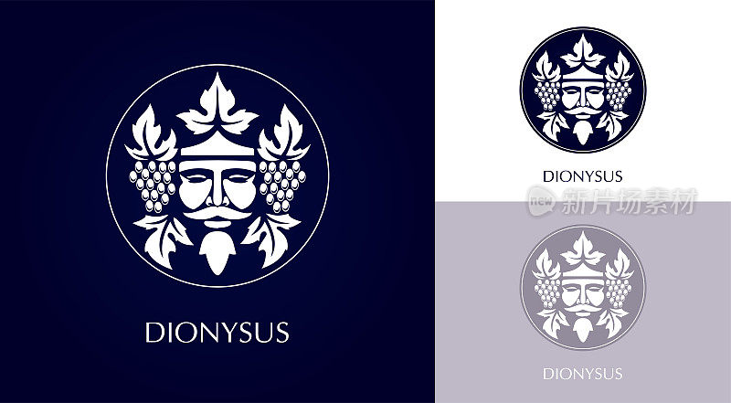 Man face logo with grape berries and leaves. Bacchus or Dionysus. Antique style for winemakers or wines. Vector illustration